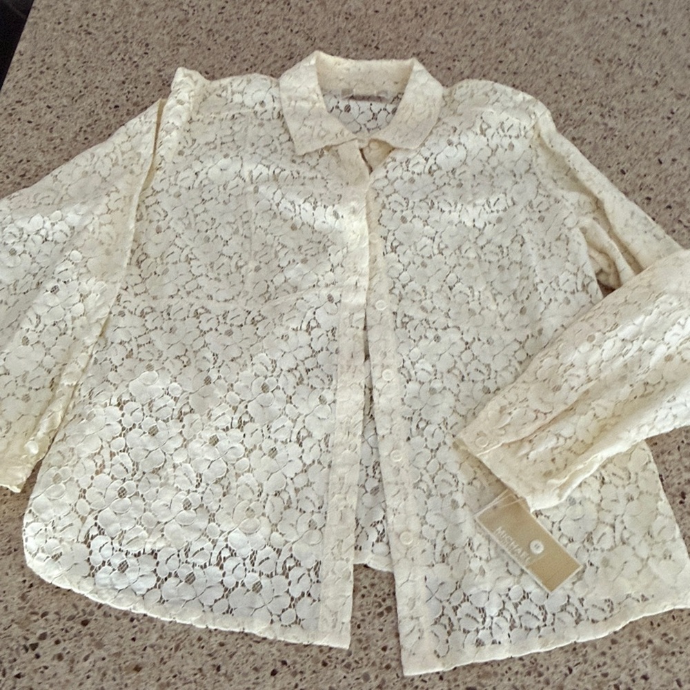 Michael Kors Lace Sheer Button-Down Shirt Blouse Long Sleeves Size 2X